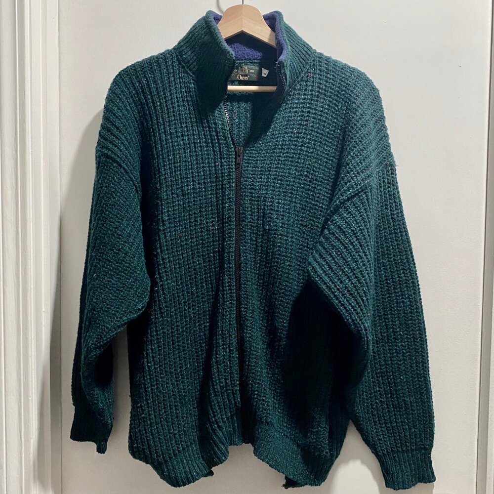 Vint. Orvis Fisherman Chunky Wool High Neck Grandpa Full Zip Sweater Cardigan L